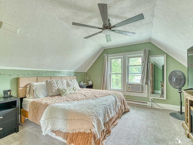 606 E 3rd St, Monroe, MI 48161 - carpeted bedroom featuring a textured ceiling, cooling unit, lofted ceiling, ceiling fan, and baseboard heating