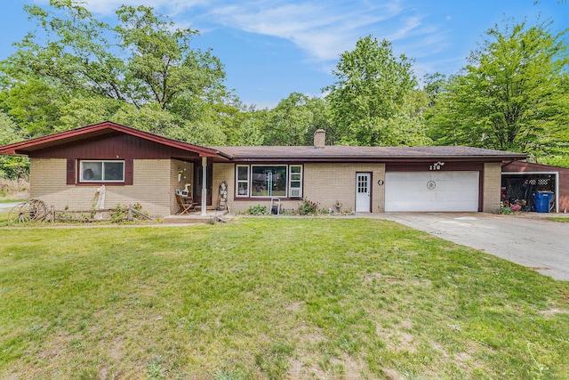 116 E Beech St, Fruitport, MI 49415 - ranch-style home with brick siding, an attached garage, a front lawn, a chimney, and driveway