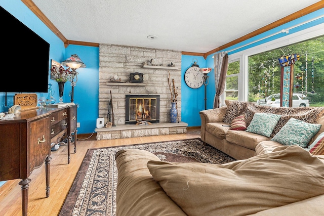 116 E Beech St, Fruitport, MI 49415 - living room with ornamental molding, wood finished floors, a stone fireplace, and a textured ceiling