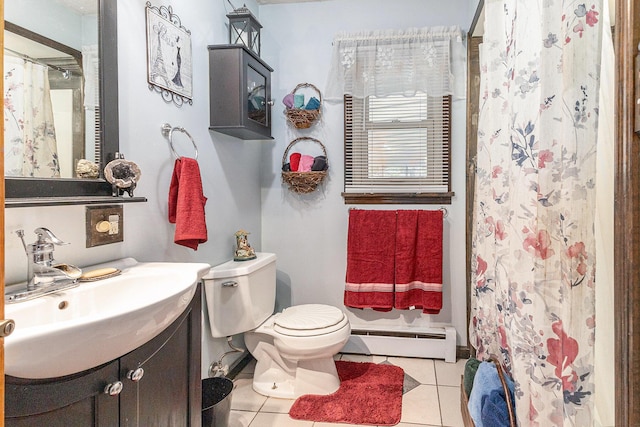 116 E Beech St, Fruitport, MI 49415 - bathroom with a baseboard radiator, tile patterned flooring, vanity, and curtained shower
