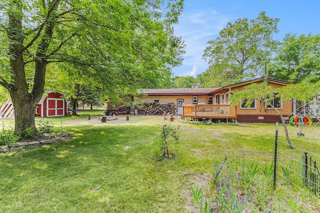 116 E Beech St, Fruitport, MI 49415 - view of green lawn with a storage shed, a fire pit, and a wooden deck