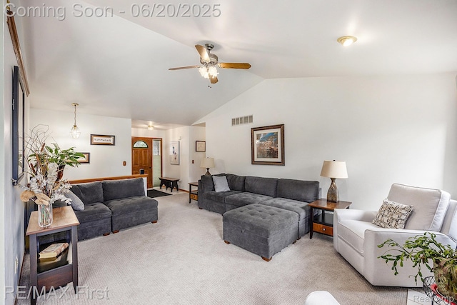 33550 24 Mile Rd, Chesterfield, MI 48047 - living area featuring light carpet, a ceiling fan, and vaulted ceiling