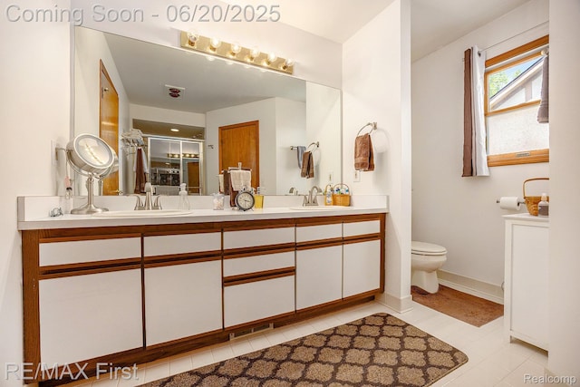 33550 24 Mile Rd, Chesterfield, MI 48047 - bathroom with double vanity, tile patterned flooring, and a shower stall
