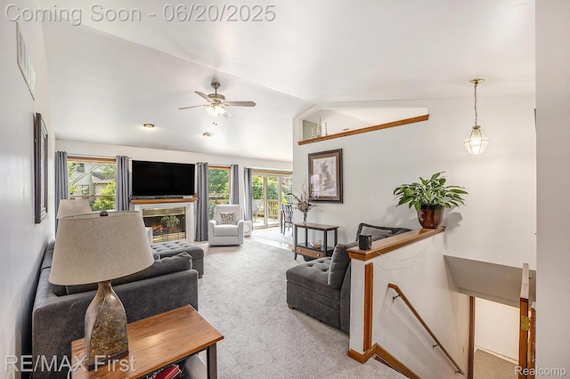 33550 24 Mile Rd, Chesterfield, MI 48047 - living area with lofted ceiling, carpet, plenty of natural light, and ceiling fan