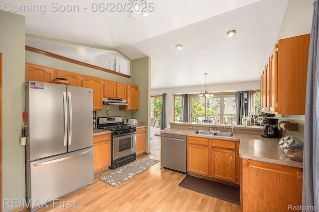 33550 24 Mile Rd, Chesterfield, MI 48047 - kitchen with appliances with stainless steel finishes, under cabinet range hood, lofted ceiling, light wood-style floors, and a peninsula