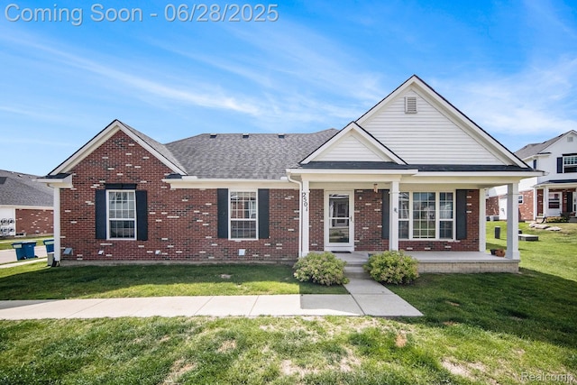2501 Riversedge Dr, Saline, MI 48176 - view of front facade with brick siding, a front yard, roof with shingles, and a porch