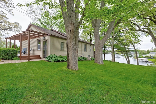 4030 Rollins Ave, Waterford, MI 48329 - view of side of property featuring a pergola, a lawn, and a deck with water view