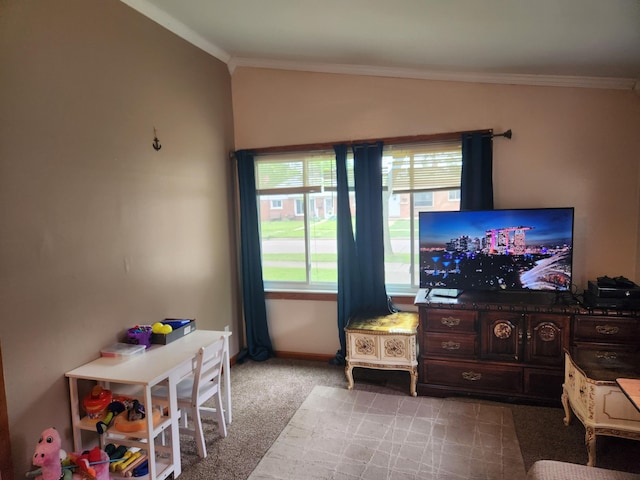 7965 Elm St, Taylor, MI 48180 - living area featuring ornamental molding and light colored carpet