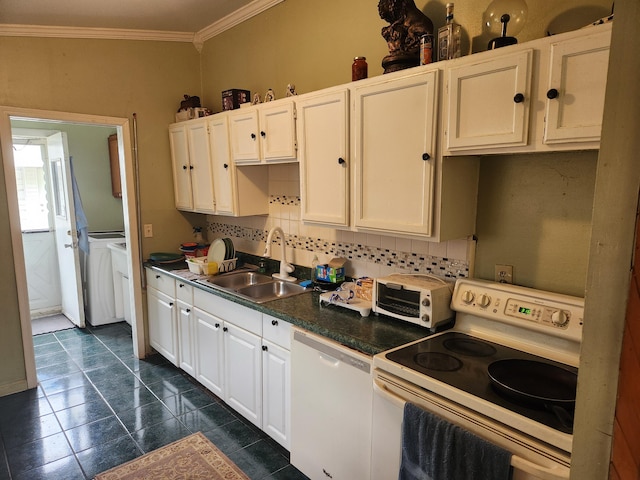 7965 Elm St, Taylor, MI 48180 - kitchen with white appliances, ornamental molding, tasteful backsplash, white cabinetry, and washer / clothes dryer