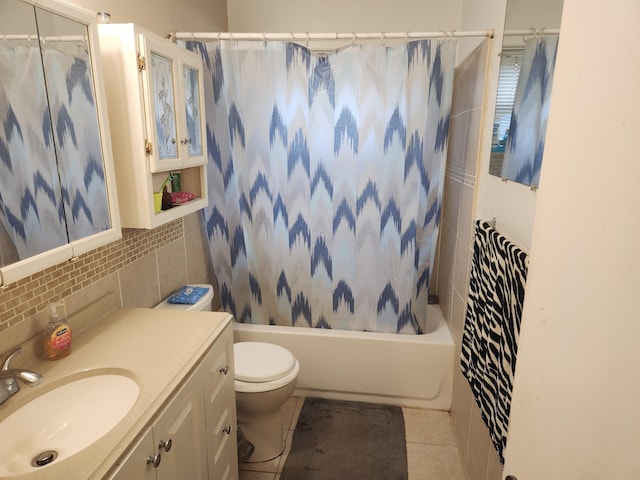 7965 Elm St, Taylor, MI 48180 - bathroom with vanity, shower / bath combination with curtain, tasteful backsplash, and tile patterned floors