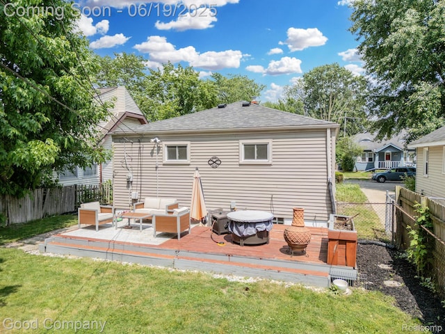 3979 Royal Ave, Berkley, MI 48072 - rear view of house with a wooden deck, an outdoor hangout area, a fenced backyard, and roof with shingles