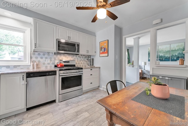 3979 Royal Ave, Berkley, MI 48072 - kitchen with appliances with stainless steel finishes, decorative backsplash, white cabinets, and ceiling fan