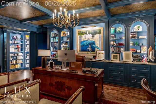 2150 Iroquois St, Detroit, MI 48201 - office space featuring coffered ceiling, a chandelier, dark wood-type flooring, built in features, and beam ceiling