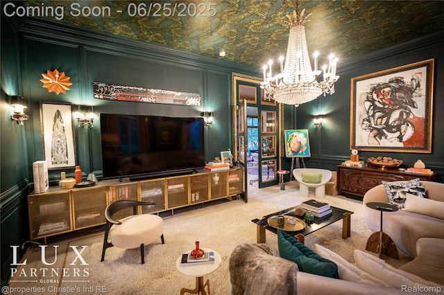 2150 Iroquois St, Detroit, MI 48201 - carpeted living room featuring a decorative wall, crown molding, a chandelier, and an ornate ceiling