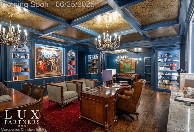 2150 Iroquois St, Detroit, MI 48201 - office area with a chandelier, built in features, wood finished floors, coffered ceiling, and beam ceiling