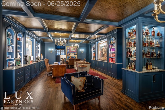 2150 Iroquois St, Detroit, MI 48201 - office featuring a chandelier, dark wood-type flooring, coffered ceiling, beam ceiling, and a dry bar