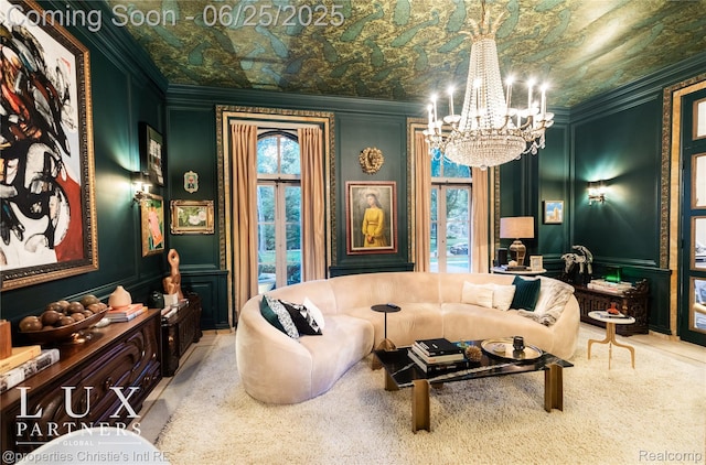 2150 Iroquois St, Detroit, MI 48201 - living room with ornamental molding, a decorative wall, a chandelier, and an ornate ceiling