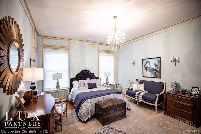 2150 Iroquois St, Detroit, MI 48201 - bedroom with a chandelier, crown molding, radiator, and multiple windows
