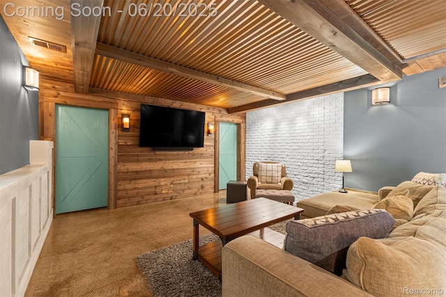 23736 Point O Woods Ct, South Lyon, MI 48178 - carpeted living room featuring wooden walls and a wooden ceiling with exposed beams