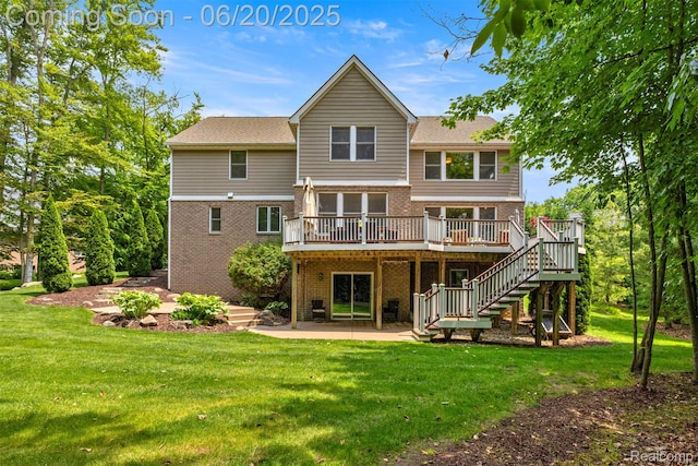 23736 Point O Woods Ct, South Lyon, MI 48178 - back of property featuring brick siding, a deck, a patio area, stairway, and a yard