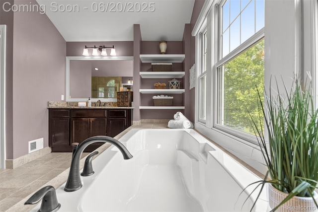 23736 Point O Woods Ct, South Lyon, MI 48178 - bathroom featuring vanity, a garden tub, and tiled shower
