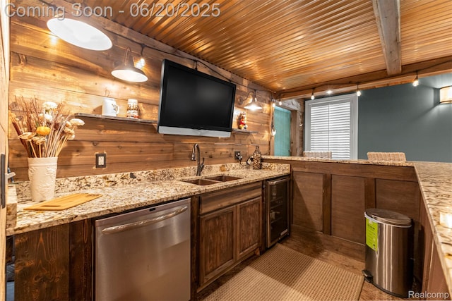 23736 Point O Woods Ct, South Lyon, MI 48178 - indoor wet bar featuring stainless steel dishwasher, wood ceiling, beverage cooler, and wood walls