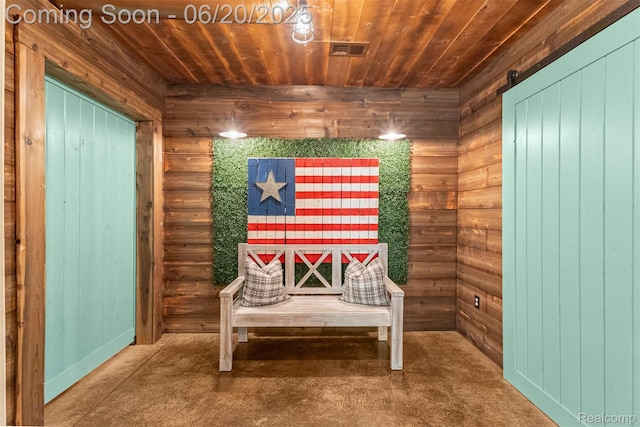 23736 Point O Woods Ct, South Lyon, MI 48178 - living area with a sauna, wooden ceiling, and log walls