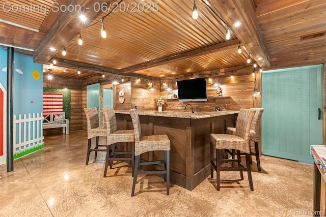 23736 Point O Woods Ct, South Lyon, MI 48178 - indoor wet bar with a wooden ceiling with exposed beams and baseboards