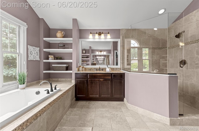 23736 Point O Woods Ct, South Lyon, MI 48178 - full bathroom featuring a bath, vanity, walk in shower, and plenty of natural light