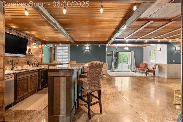 23736 Point O Woods Ct, South Lyon, MI 48178 - bar featuring stainless steel dishwasher, finished concrete floors, hanging light fixtures, a wooden ceiling with exposed beams, and wooden walls