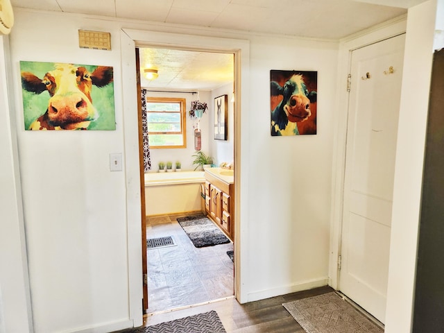 350 S Catalpa Ave, White Cloud, MI 49349 - hall with a wall mounted air conditioner and dark wood-style flooring