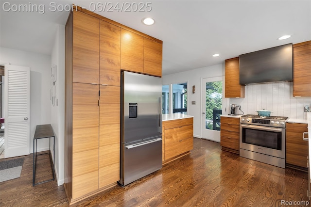 6895 Cedarbrook Dr, Bloomfield Hills, MI 48301 - kitchen featuring appliances with stainless steel finishes, ventilation hood, modern cabinets, and recessed lighting