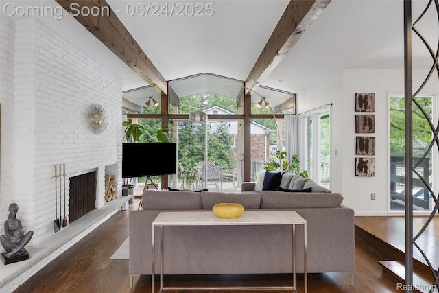 6895 Cedarbrook Dr, Bloomfield Hills, MI 48301 - living area featuring beamed ceiling, wood finished floors, and a brick fireplace