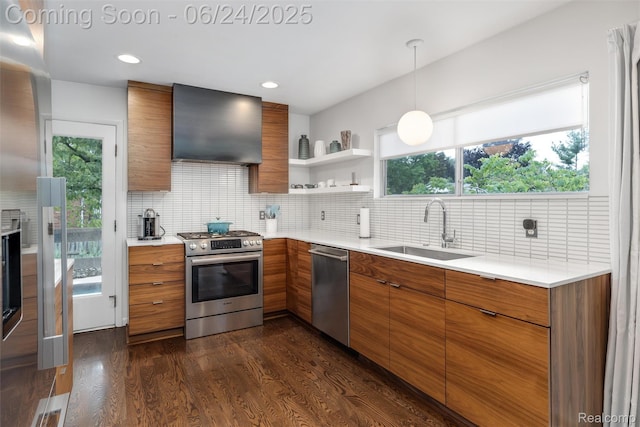 6895 Cedarbrook Dr, Bloomfield Hills, MI 48301 - kitchen featuring stainless steel appliances, wall chimney exhaust hood, brown cabinetry, modern cabinets, and recessed lighting