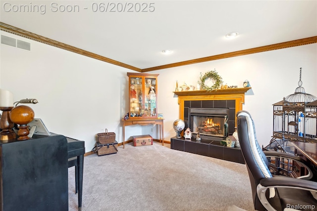 459 N Elms Rd, Flushing, MI 48433 - office space featuring a fireplace, crown molding, carpet floors, and recessed lighting