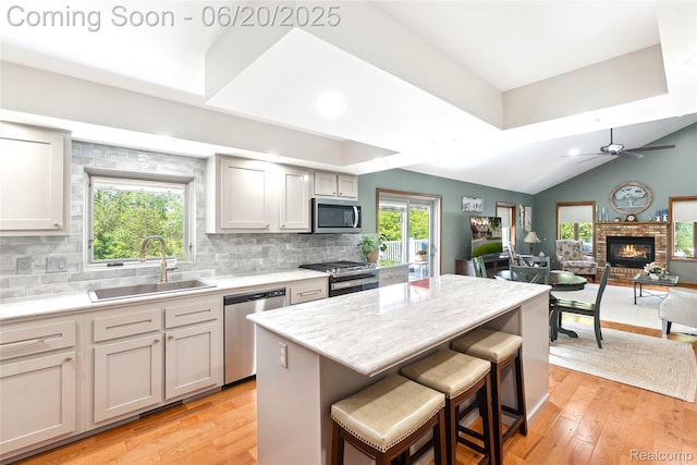 459 N Elms Rd, Flushing, MI 48433 - kitchen featuring stainless steel appliances, a brick fireplace, healthy amount of natural light, backsplash, and vaulted ceiling