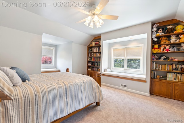 459 N Elms Rd, Flushing, MI 48433 - bedroom featuring lofted ceiling, light colored carpet, and a ceiling fan