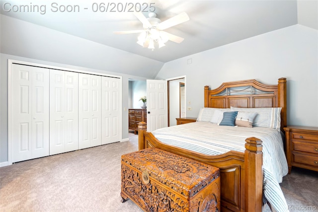 459 N Elms Rd, Flushing, MI 48433 - bedroom with vaulted ceiling, carpet floors, a closet, and ceiling fan