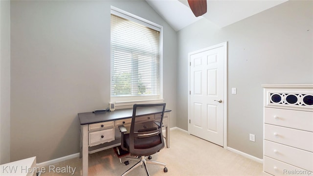 2836 Otter Ct, Wixom, MI 48393 - office featuring light carpet, vaulted ceiling, and a ceiling fan