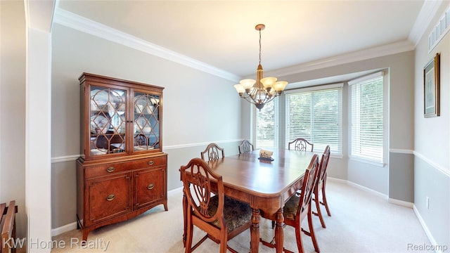 2836 Otter Ct, Wixom, MI 48393 - dining area featuring a chandelier, light carpet, and ornamental molding