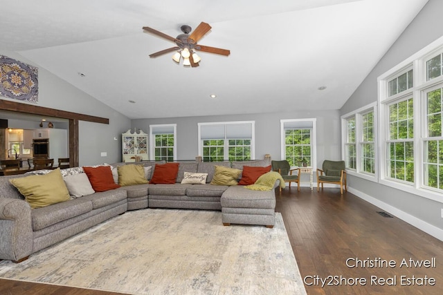 1495 Yeckley Rd, Hastings, MI 49058 - living area featuring dark wood-style floors, high vaulted ceiling, a ceiling fan, and recessed lighting