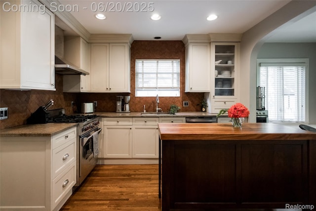 55 Oakdale Blvd, Pleasant Ridge, MI 48069 - kitchen with appliances with stainless steel finishes, wood counters, backsplash, glass insert cabinets, and recessed lighting