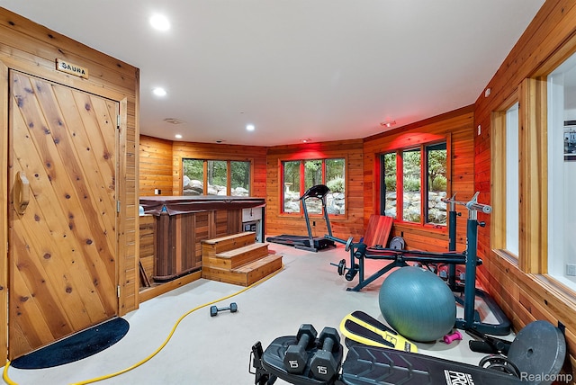 429 Hawk High Hill Rd, Metamora, MI 48455 - workout room featuring wooden walls, recessed lighting, and carpet flooring