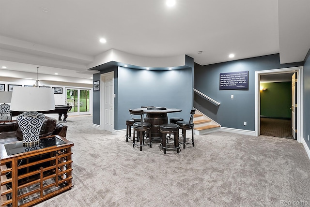 429 Hawk High Hill Rd, Metamora, MI 48455 - carpeted dining area with recessed lighting, stairs, and pool table