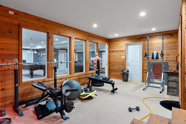 429 Hawk High Hill Rd, Metamora, MI 48455 - workout room with carpet, recessed lighting, and wooden walls