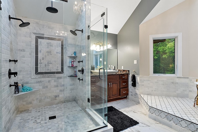 429 Hawk High Hill Rd, Metamora, MI 48455 - bathroom featuring vanity, a shower stall, lofted ceiling, and marble finish floors