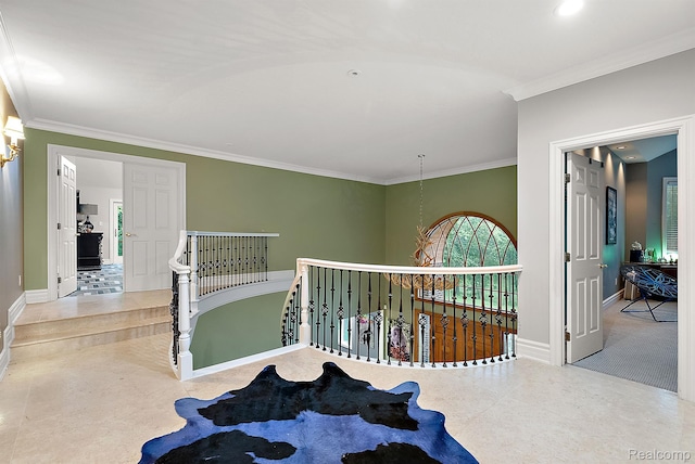 429 Hawk High Hill Rd, Metamora, MI 48455 - corridor featuring an upstairs landing and ornamental molding