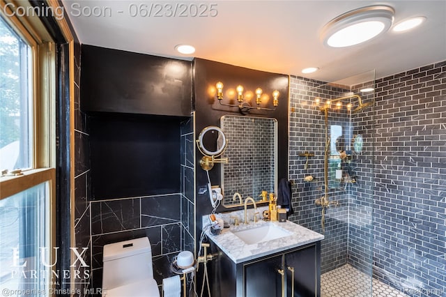 1200 Porter St, Detroit, MI 48226 - full bathroom with tile walls, vanity, a tile shower, and tile patterned flooring