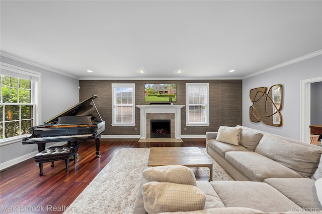 2534 Buckingham Ave, Birmingham, MI 48009 - living area featuring recessed lighting, dark wood-type flooring, a fireplace, and crown molding