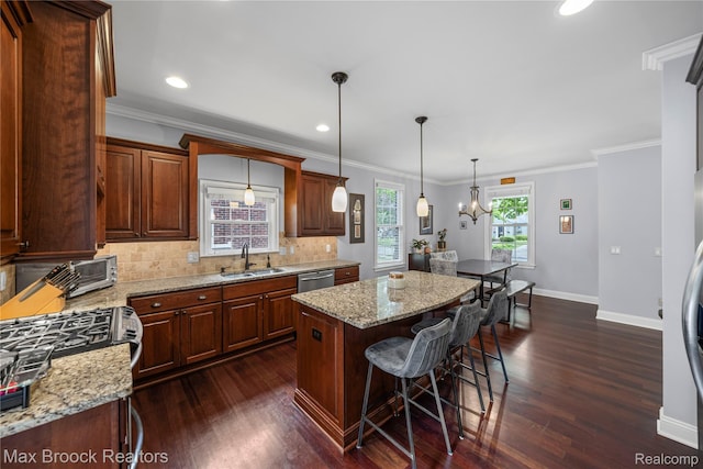 2534 Buckingham Ave, Birmingham, MI 48009 - kitchen with dark wood-style floors, dishwasher, tasteful backsplash, light stone countertops, and recessed lighting